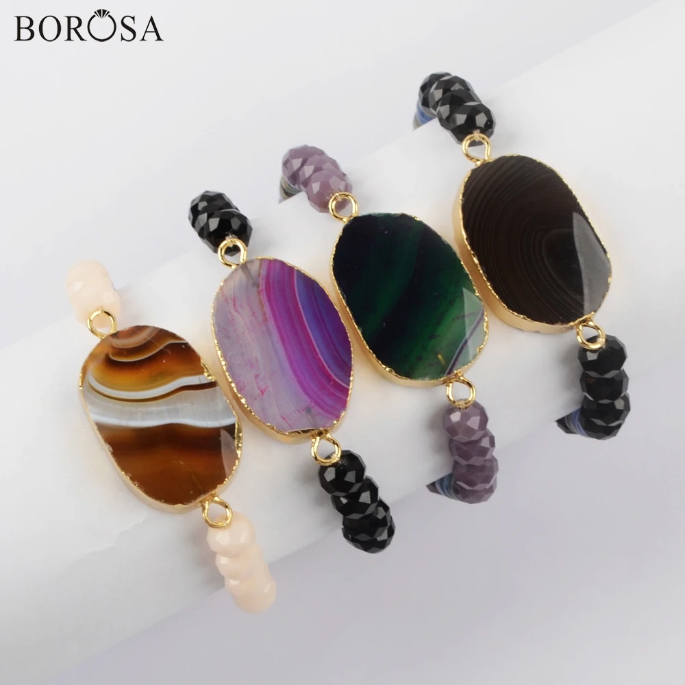 

BOROSA 5Pcs Gold Mixed Natural Onyx Agates Connector & 8mm Stone Bead Bracelets Handcrafted Natural Stone Bracelet Jewelry G1928