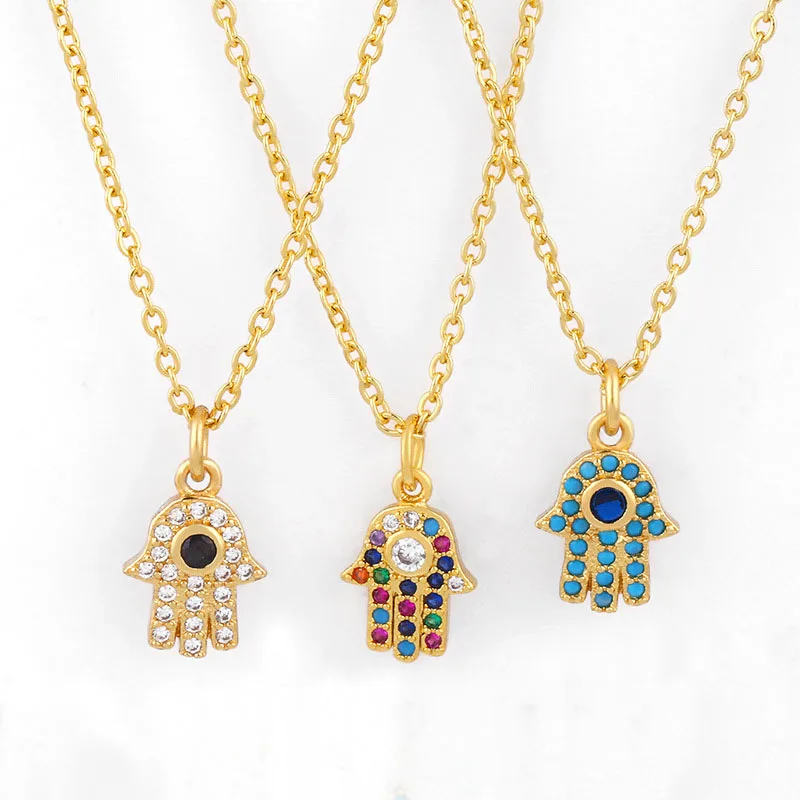 

Fashion Colorful CZ Fatima Hand Lucky Necklace Men For Women Gold Plated Chain Inlaid Zirconia Hamsa Pendant Choker Jewelry Gift