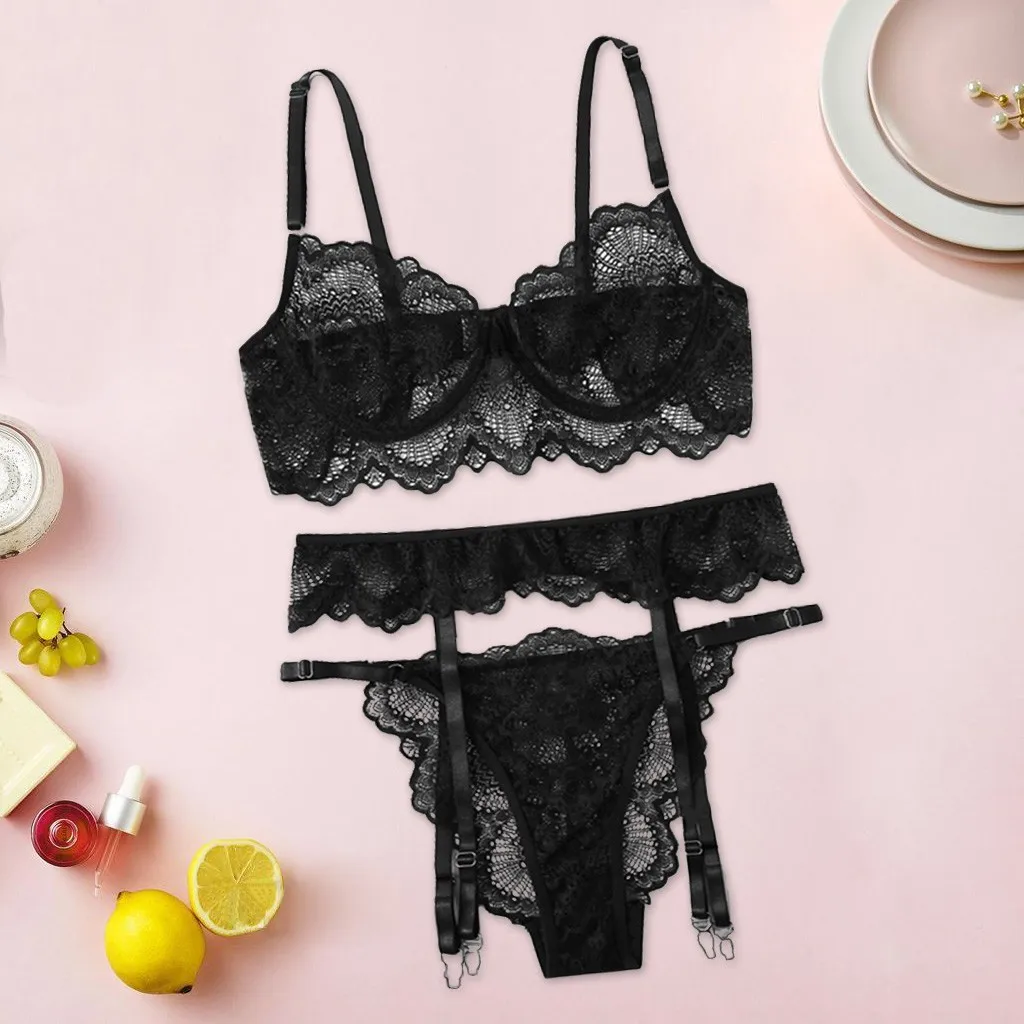 

3pcs Women's Underwear Set Plus Size Wireless Bra Garter Briefs Sexy Lingerie See Through Lace Mesh Erotic Costumes Lenceria