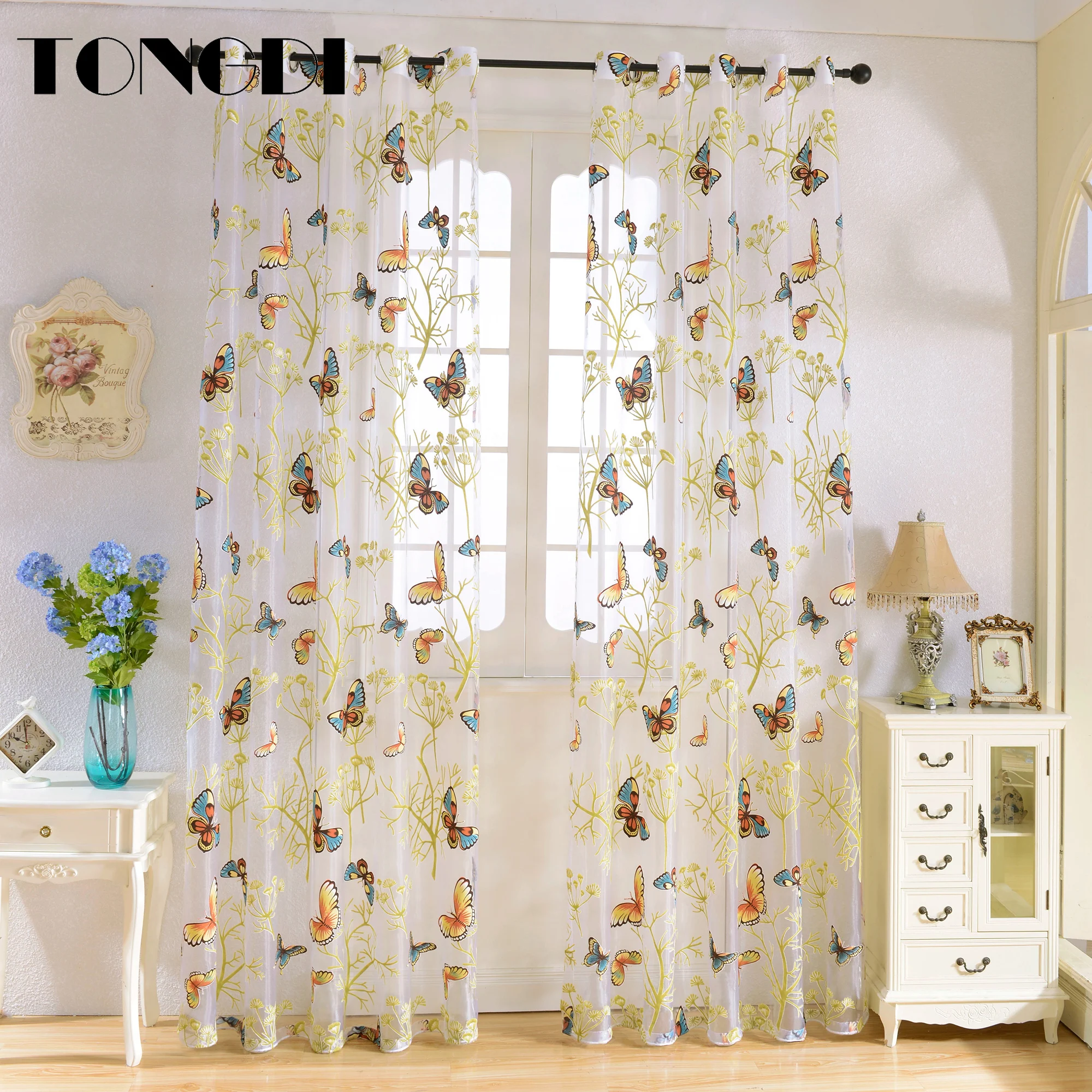 TONGDI занавески с принтом бабочек ивовая прозрачная белая тюль прозрачное окно