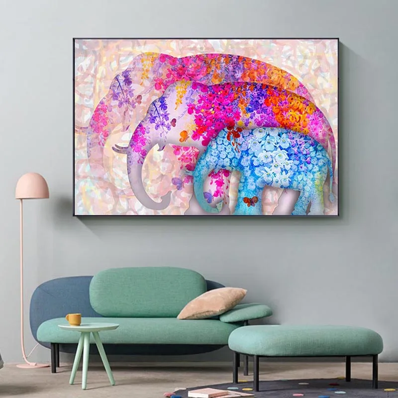 

Graffiti Art Canvas Painting Animal Wall Art Canvas Prints Abstract Colorful Elephant Family Picture for Kids Room Home Decor