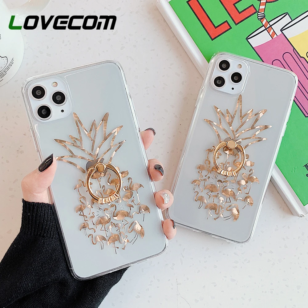 Прозрачный чехол с кольцом подставкой и золотым ананасом для iPhone 12 11 Pro Max Mini XR X XS 7
