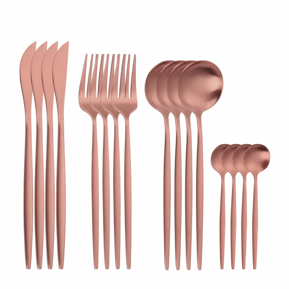 

16Pcs Matte Rose Gold Stainless Steel Cutlery Tableware Set Dinnerware Flatware Set Forks Knives Spoons Set Wedding Silverware