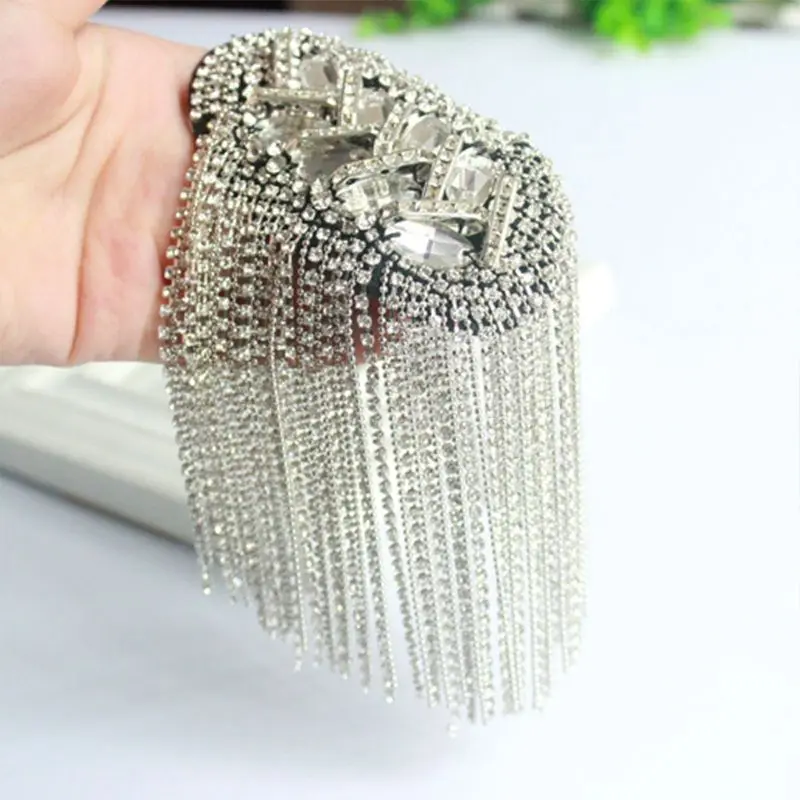 

Women Men Silver Punk Fringe Shoulder Board Badge Vintage Glitter Rhinestone Tassels Chain Epaulet Uniform Accessories
