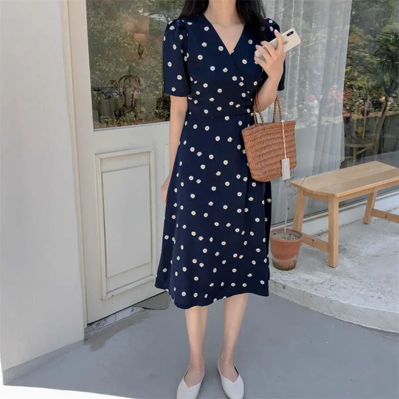 

Korean Version Of One-Piece Fashion Printed Dress Women'S Long Skirt Summer 2021 New Style Casual Home Chiffon Floral Short-Slee