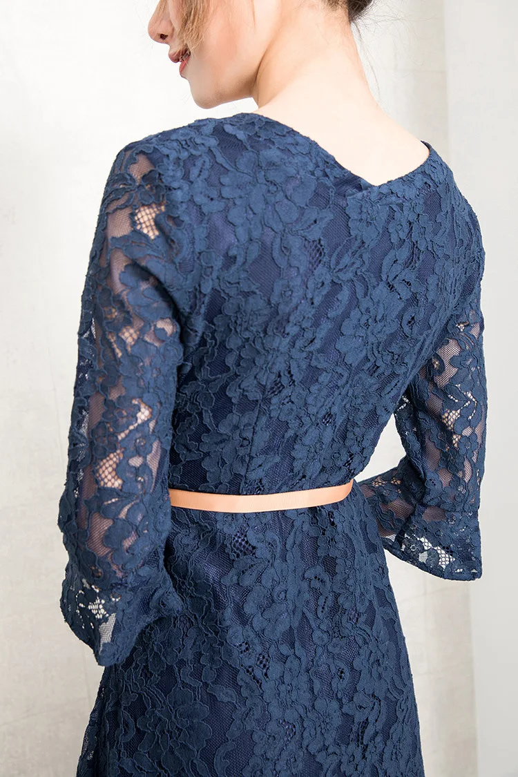 Женское кружевное платье с V-образным вырезом синее винтажное платье-трапеция