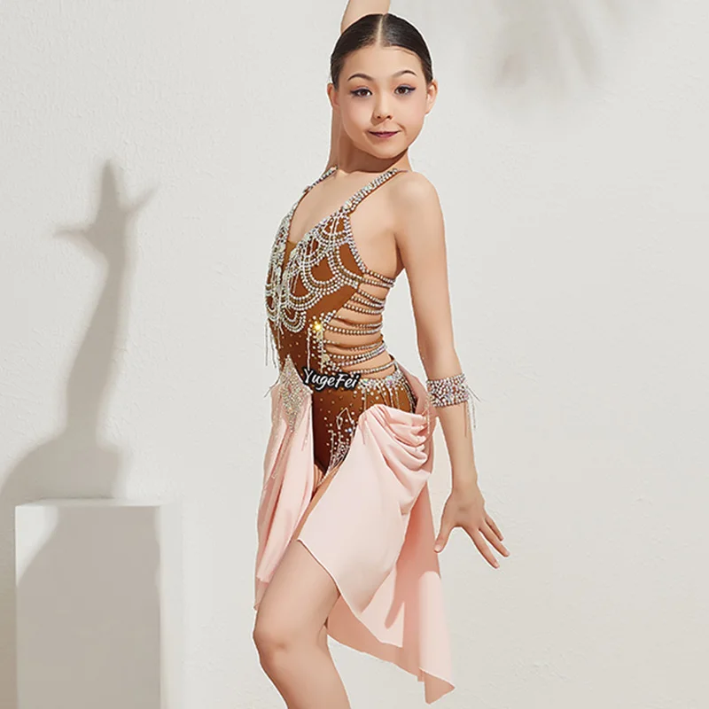 2020 Latin Dance Dress Girls Customized Competition Clothes Professional Diamond Backless Dresses Cha Cha Rumba Samba Wear