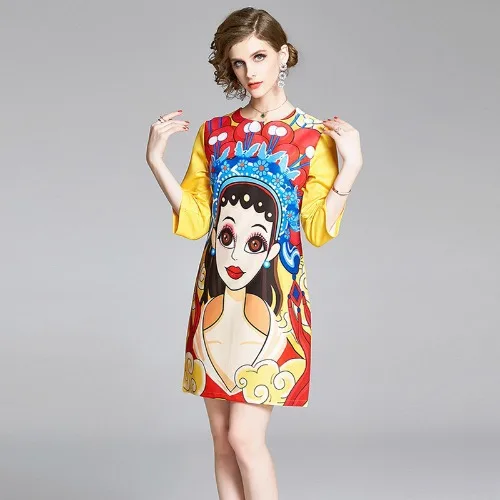

2020 Summer Vintage Girl Printed Dresses Women O-Neck Color Collision Fashion Yellow Three Quarter Sleeve Chic Women Dresses