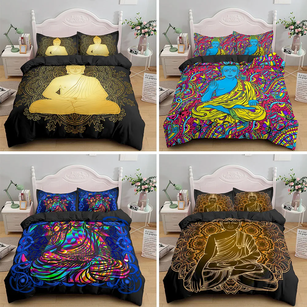 

3D Printing Buddha Bedding Set 2/3Pcs Psychedelic Mandala Duvet Cover Sets With Pillow Case Soft Fabric King Size Edredom Covers