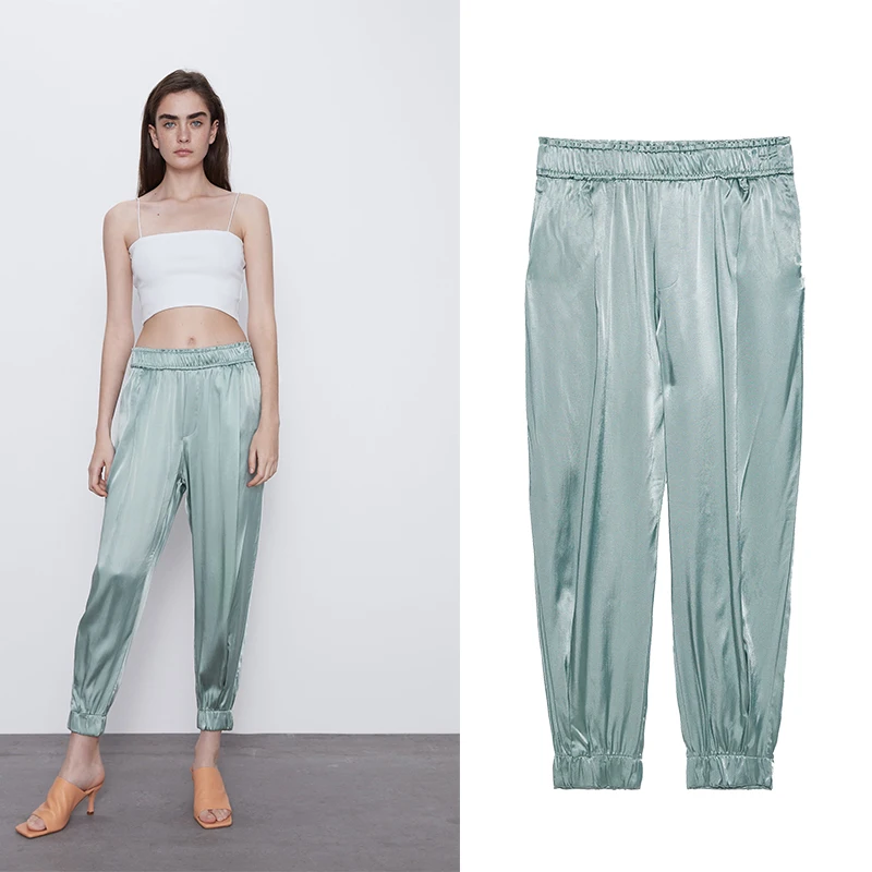 Женские Длинные шаровары ZA однотонные повседневные шелковые брюки до щиколотки