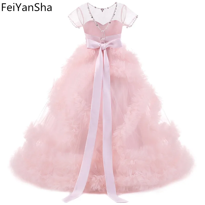 Новое платье для девочки с цветами розовое первого причастия бальное бусинами |