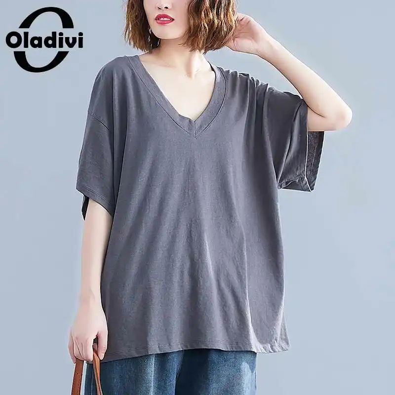 

Oladivi Oversized Clothing Casual Loose Solid Tshirts Women Summer 2021 New Simple Style Basic Tees Shirts Ladies Cool Tops 5XL