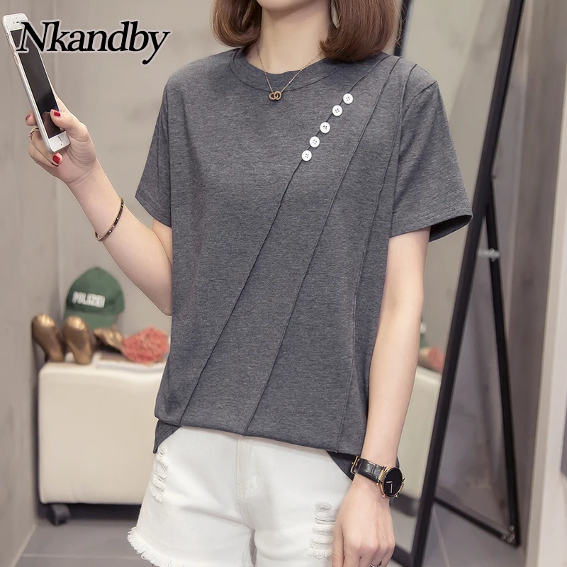 

Футболка Nkandby женская с круглым вырезом, повседневный Свободный Топ с коротким рукавом, на пуговицах, в минималистичном стиле, одежда в стил...