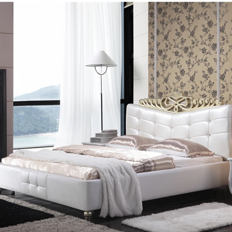 Geunine кожаный большой размер кровать и диван мебель из цельного дерева