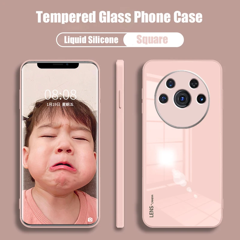 

Luxury Tempered Glass Phone Case for Huawei Honor Magic 3 Pro Magic3 3Pro 5G Square Liquid Silicone Soft Frame Bumper Back Cover