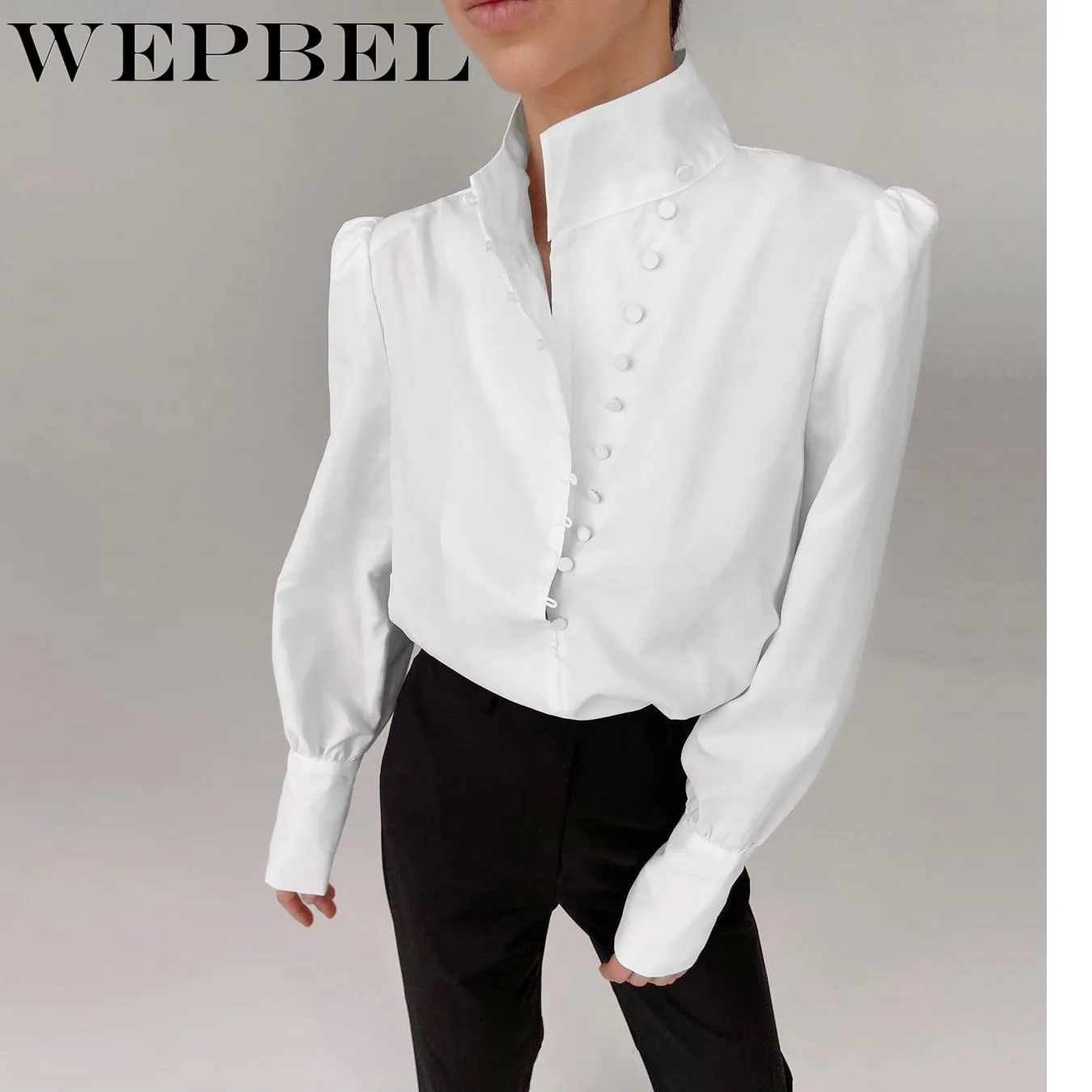 

WEPBEL Spring Summer Women Vintage Loose Single Breasted Blouse Shirt Top Ladies Elegant Long Puff Sleeve Stand Collar T-shirt