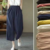 2021 autumn wide leg pants for women elastic waist straight trousers vintage loose oversize calf womens capri cropped pants