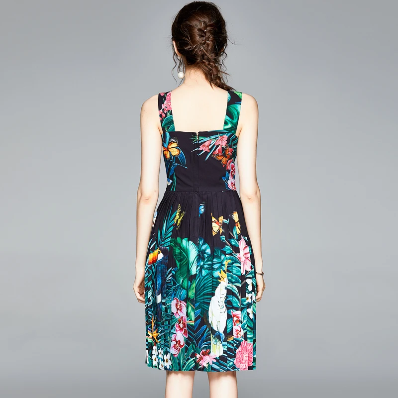 

Banulin 2021 Runway Summer Pleated Dress Women's Backless Spaghetti Strap Tank Dress Jungle Floral Print Short Dresses