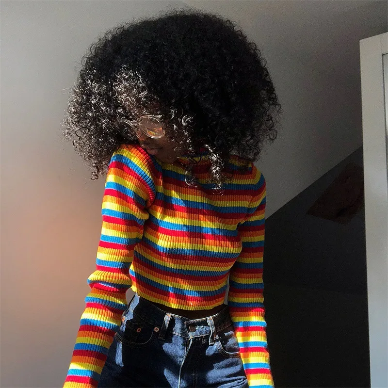 

Turtleneck Fashion Rainbow Sweaters Knitted Pullovers Women New Winter Loose Pullover Jumpers Female