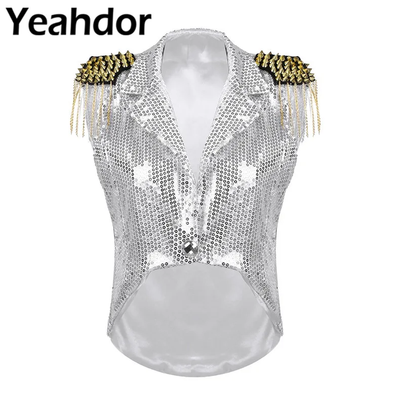 Женский Блестящий жилет с отложным воротником без рукавов блестками укороченный