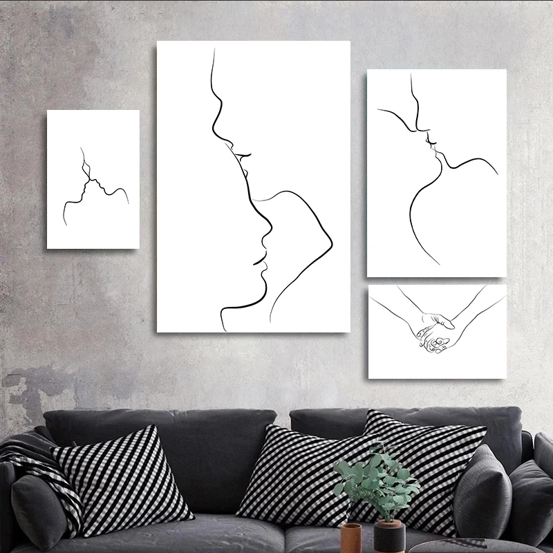 

Couple Abstract Line Drawing Canvas Painting Minimalist Kiss Line Posters Print Wall Art Picture Mural for Modern Home Decor
