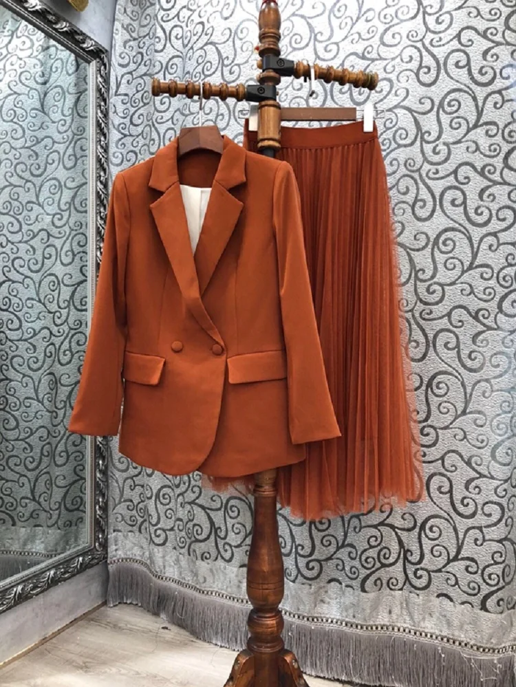 

Top Quality Women's Set 2020 Aututumn Winter Business Suit Woman Belt Patchwork Brown Black Blazer Coats+Mid-Calf Pleated Skirt