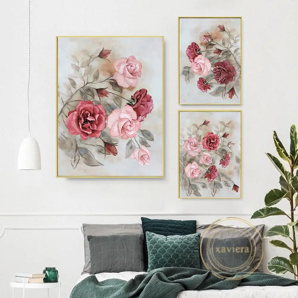 

Nordic Retro Poster Pink Flower Rose Peony Vintage Canvas Painting Scandinavian Plant Wall Art Picture Home Decor Living Room