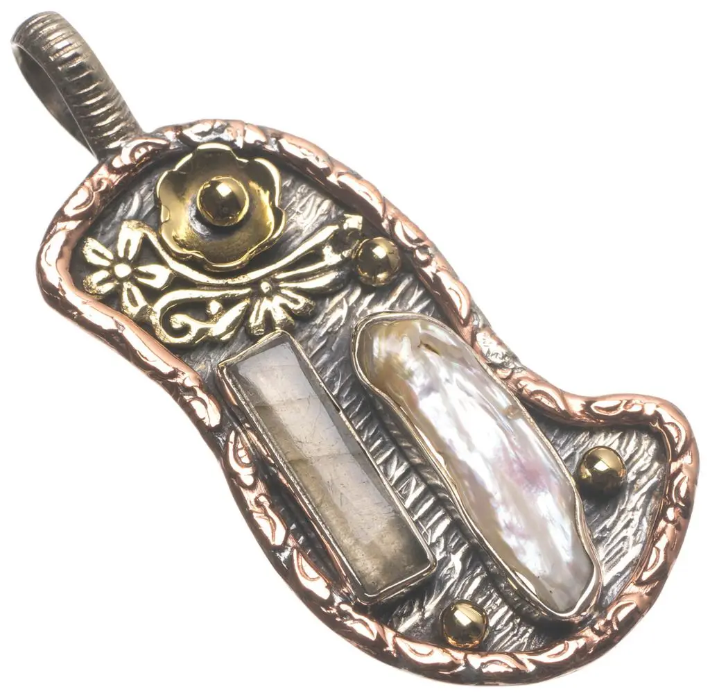 Двухцветная натуральная Подвеска из Лабрадорита и бива винтажная серебряная