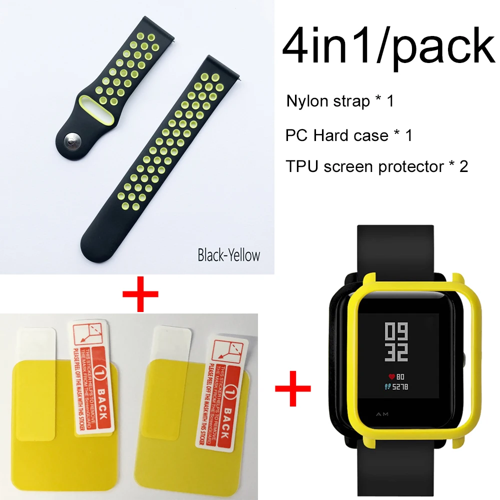 black yellow-yellow 4в1 для Xiaomi Huami Amazfit ремешок Bip мягкий спортивный браслет из силикона Smartwatch Браслет с PC чехол Защита экрана - Цвет: black yellow-yellow
