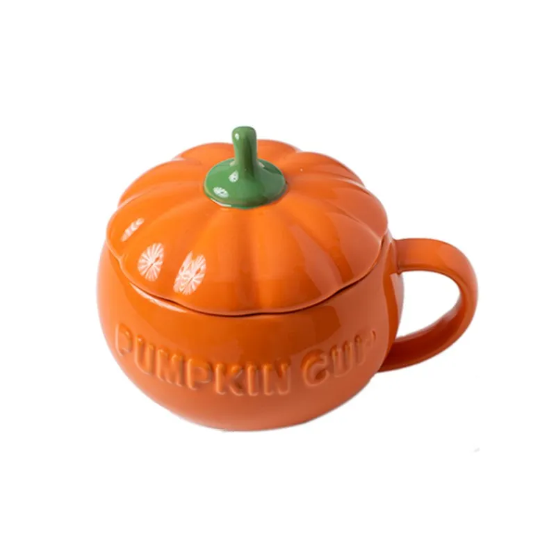 Ceramic Pumpkin Cup Water Cup Breakfast Cup With Lid Mark Cup Oatmeal Cup Instant Noodle Bowl Cereal Bowl Steamed Egg Bowl