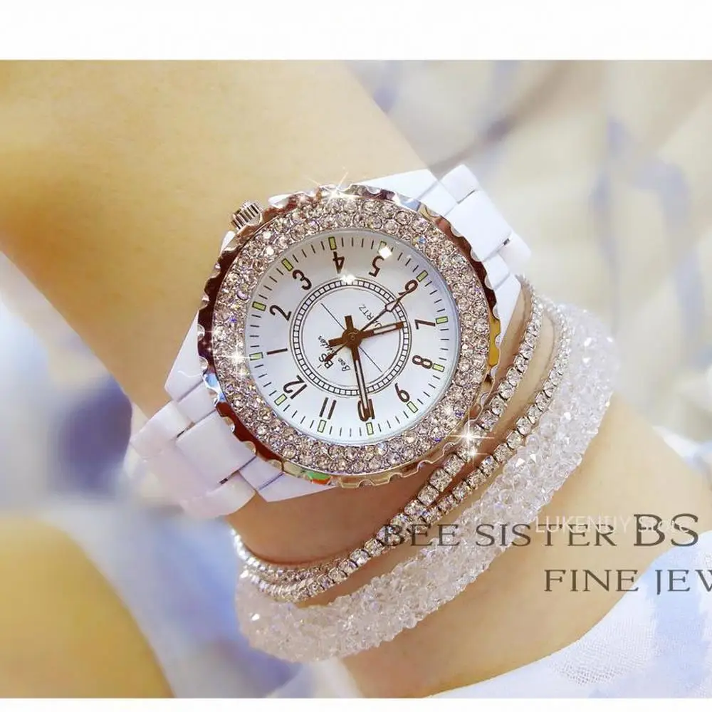 

Часы наручные женские Кварцевые водонепроницаемые, брендовые Роскошные с белыми кристаллами, с керамическим ремешком