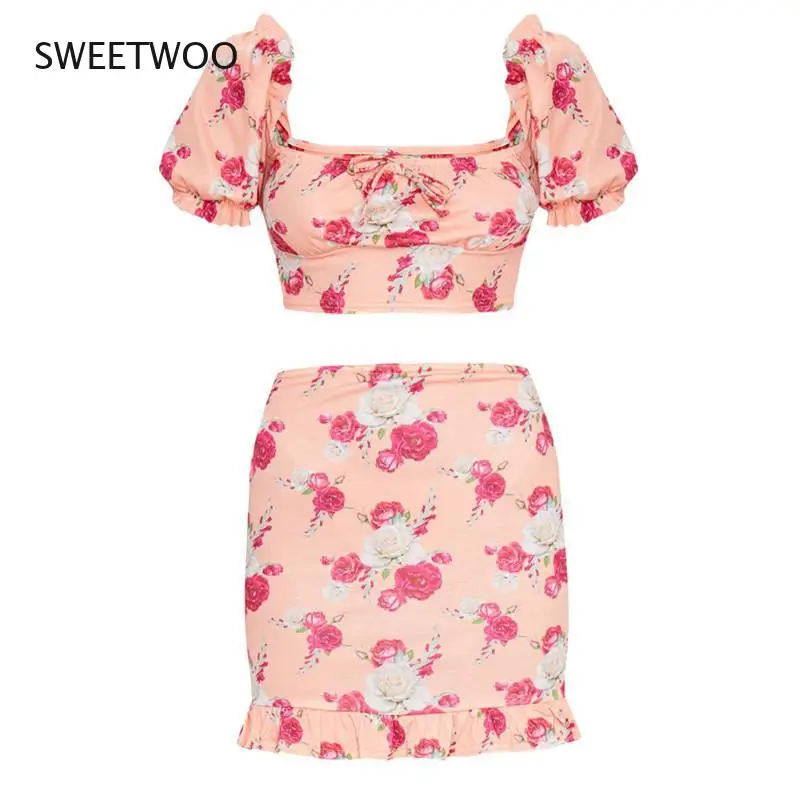 

Summer Women's Floral Print Two-Piece Streetwear Sexy Puff Sleeve Off-The-Shoulder Top Ruffled Mini Skirt Floral Skirt Suit