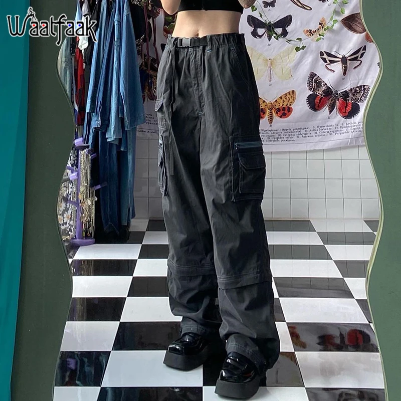 

Waatfaak Loose Grey Grunge Cargo Pants Women High Waist Pockets Patchwork Streetwear Hip Hop Pants Y2K Aesthetic Baggy Boyfriend