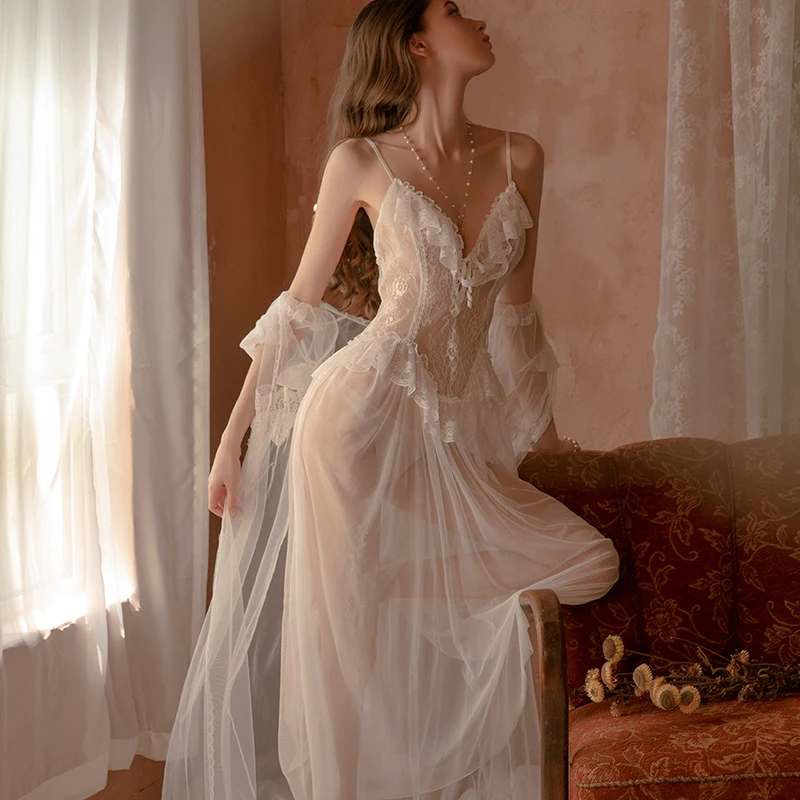 

3pcs White Sexy Robe & Gown Sets for Women Ladies Night Wear Nighty for Bride Dressing Gowns Mesh Pajamas Dress Lounge Wear Hot