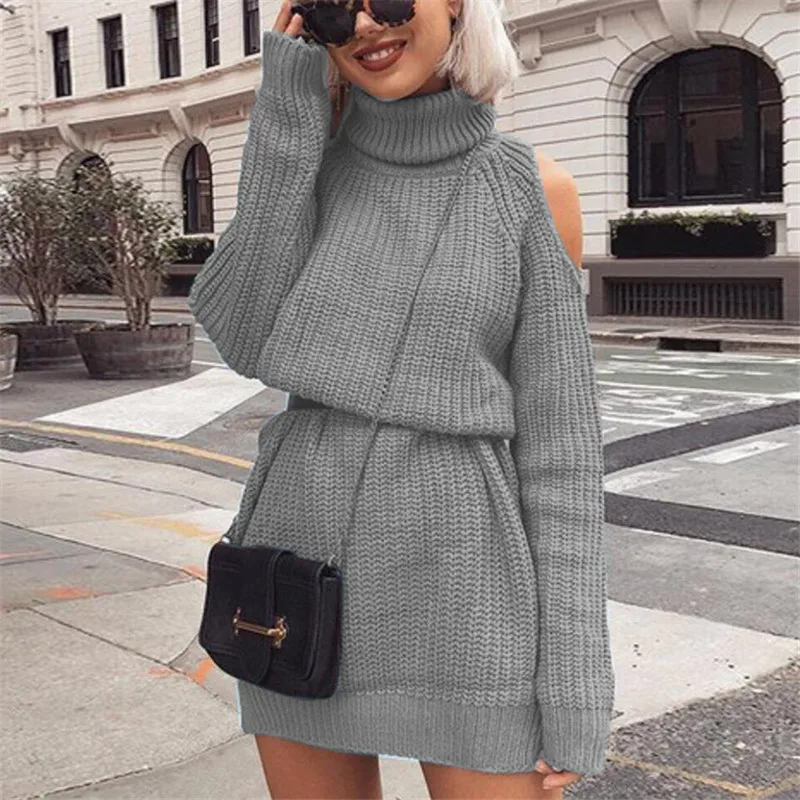 2019 Autumn New Women's Sweaters Long Turtleneck High Collar Off-shoulder Knitted Dresses Tricot Sweater Dress Women Winter Clot | Женская