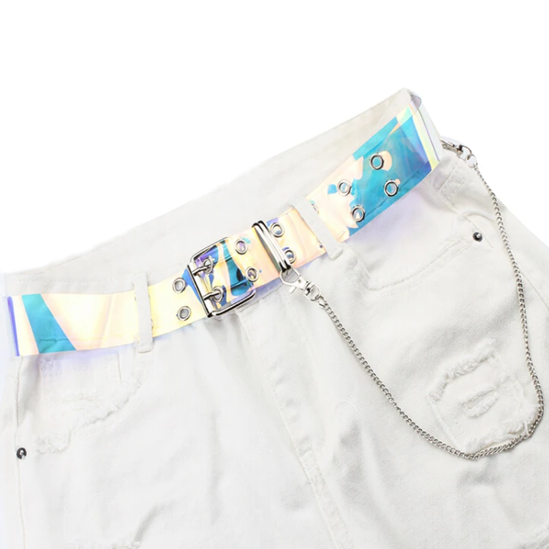 

1 шт леди Прозрачный лазерный Для женщин ремень с пряжкой в стиле «панк» Пояс поясной ремень с цепочкой