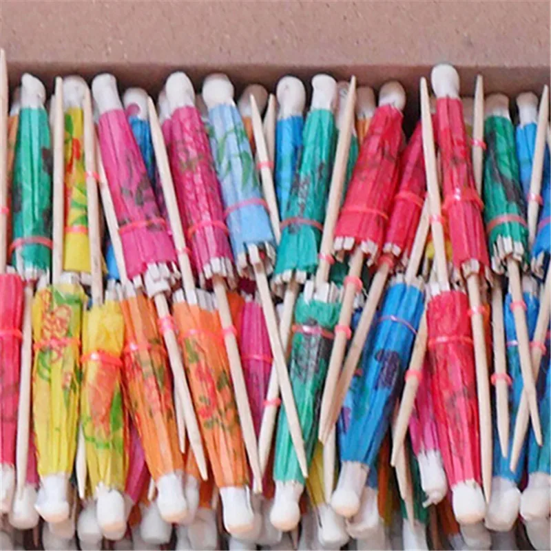 

50Pcs Mini Umbrellas Parasol Mixed Color Snack Cocktail Pick Wooden Cocktail Toothpicks Decor Party Bar Home Decoration