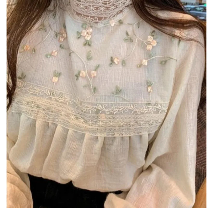 

Women Elegant Lace Stand Collar Long Sleeve Lace Up Pleated Blouse Floral Embroidery Beige Casual Tops Shirts Blusas De Mujer