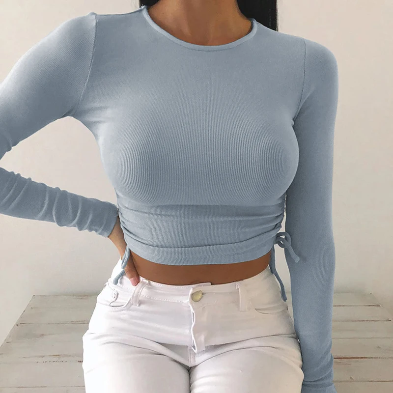 

Sexy Drawstring Slim Short T-Shirt Women Long Sleeve Pullover Tee 2021 Fashion Solid Autumn Casual Base Homewear Tops