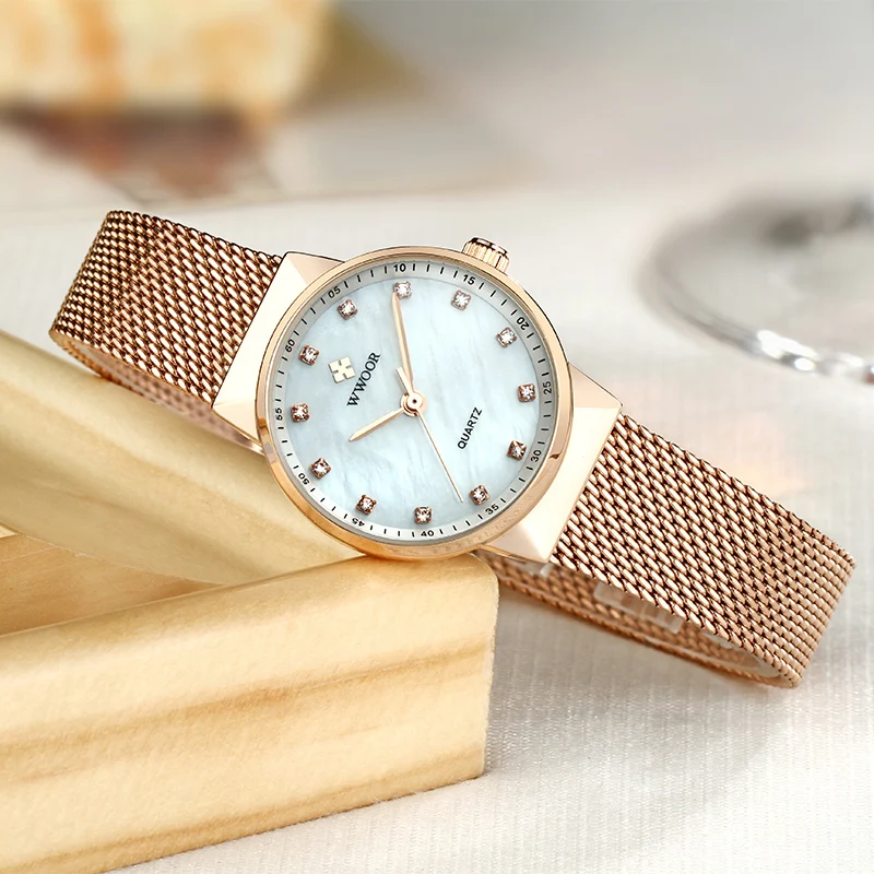 Женские кварцевые часы WWOOR с сетчатым браслетом из розового золота женские со