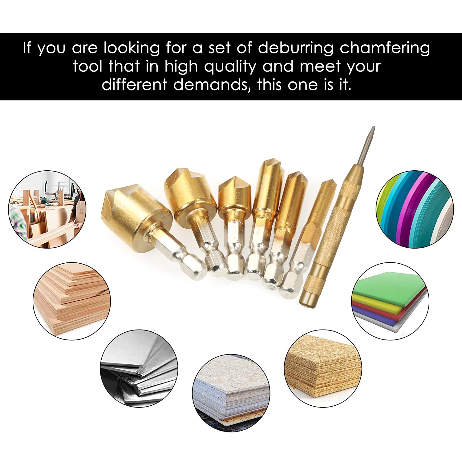 

6pcs Chamfer 90 Degrees Five Blade High Carbon Steel 1/4-inch Hexagonal Shank Five Edge Chamfer Countersink Set 6mm -19mm