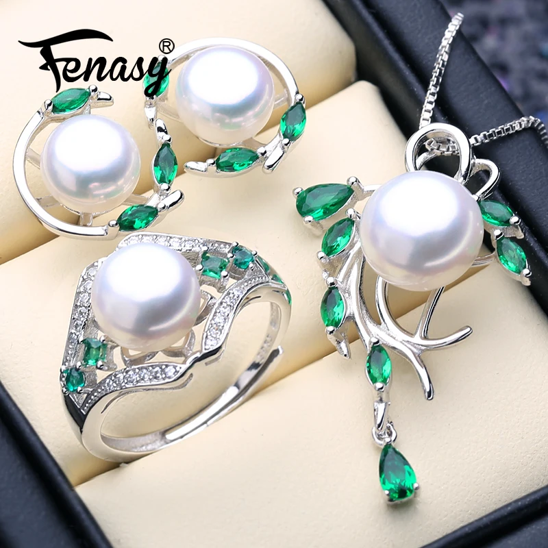 FENASY 925 серебро изумруд комплект ювелирного изделия с натуральным камнем жемчужные трендовые серьги-гвоздики кулон ожерелье для женщин зеленое кольцо с камнями