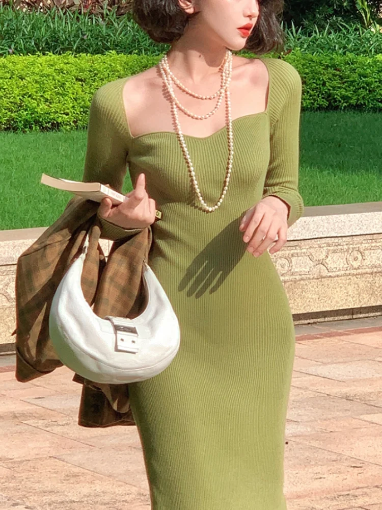 

Elegant Vintage Knitted Dress Women Autumn 2021 Korean Style Evening Party Midi Dress Ladies Bodycon Casual Sexy Designer Dress