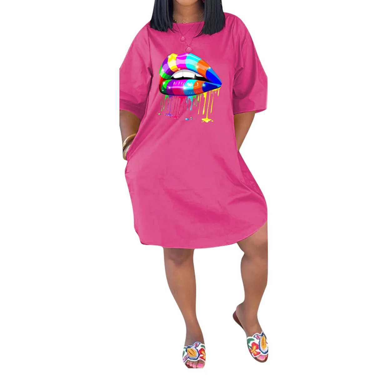 

Ladies Fashion Solid Color Loose Dresses Women's Summer Large Size Mid-Sleeve Mini Dress Casual Printed Plus Size Party Sundress