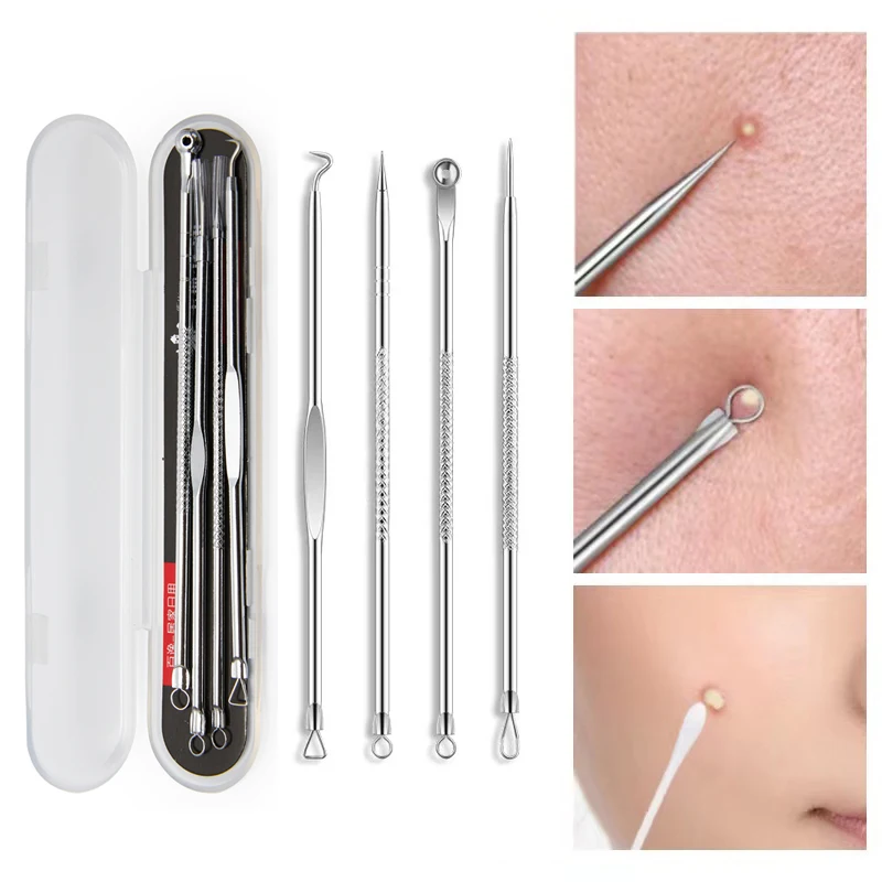 

Boxed 4Pcs Blackhead Remover Acne Needles Metal Spoon Facial Black Spots Pore Clean Extractor Set for Pimple Skin Face Care