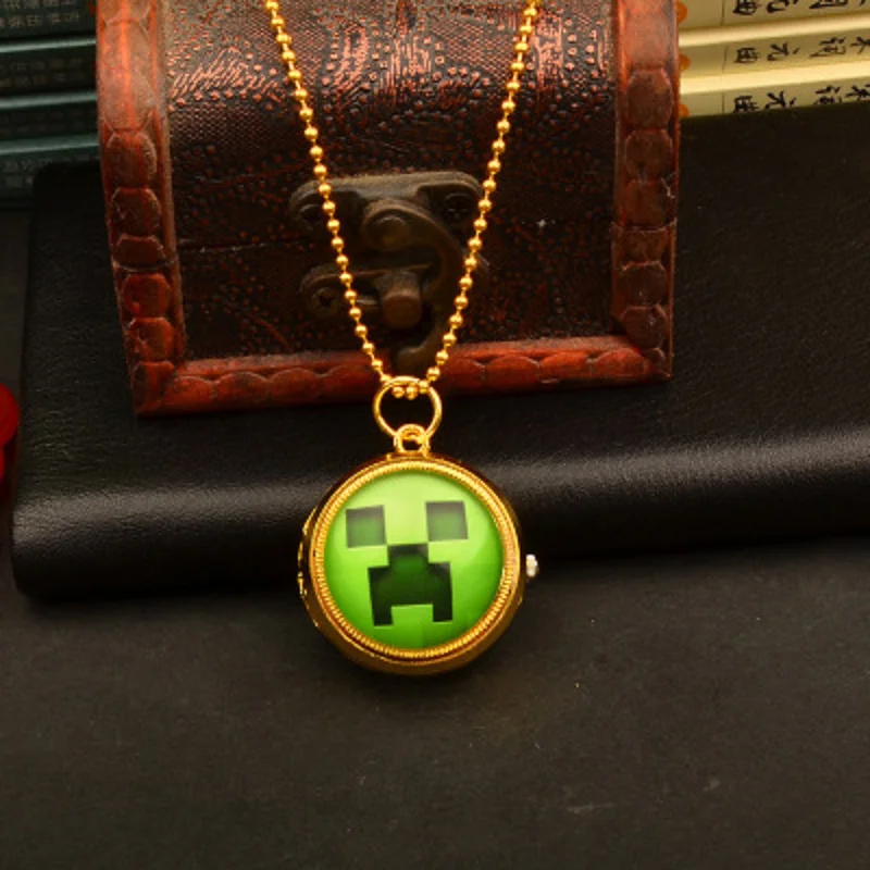 Золотые вращающиеся карманные часы minecrafte creeper кварцевые с подвеской и ожерельем