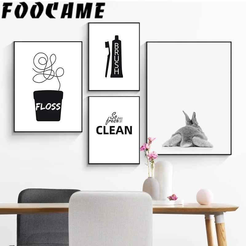 

Flower Rabbit Line Black White Print Minimalist Picture Bathroom Wall Art Canvas Painting Abstract Poster Scandinavian Home Deco