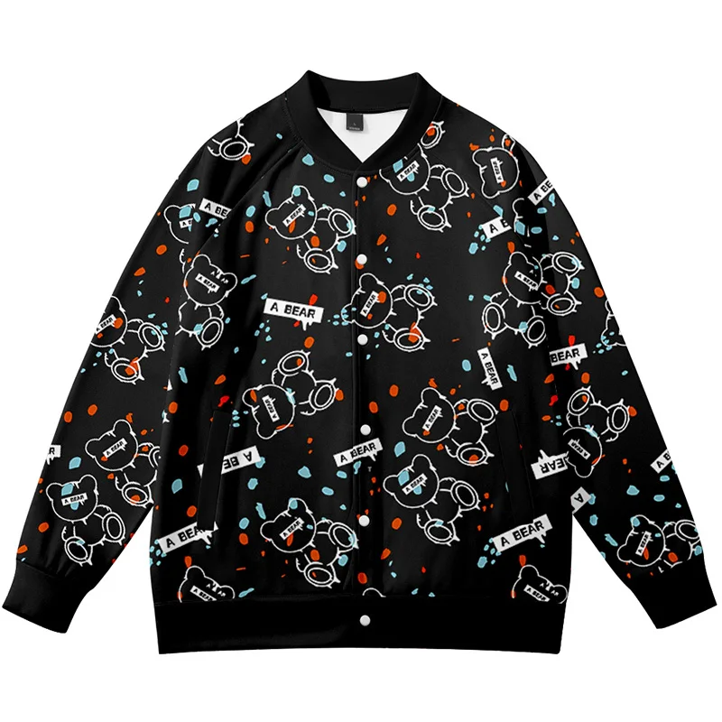 Новинка бейсбольная куртка черного и белого цвета с мультяшным медведем для