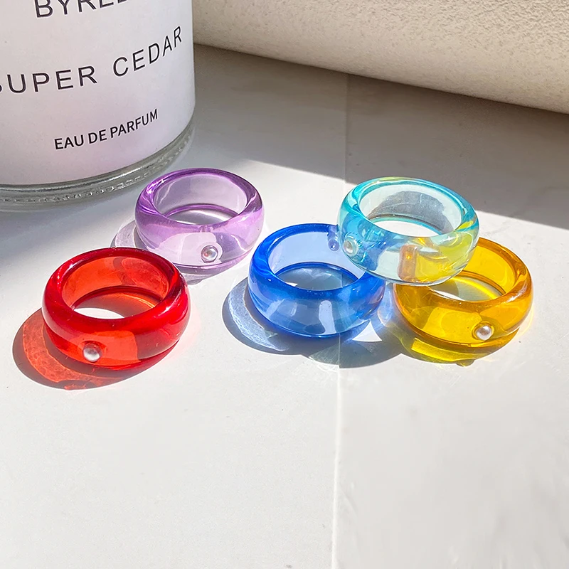 

2021 New Transparent Plastic Colorful Rectangle Rhinestone Minimalist Geometry Rings For Women Girls Jewelry Ins Ring Vintage
