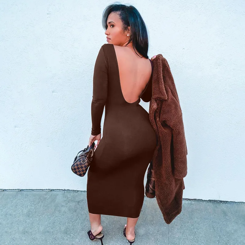 Cryptographic 2021 Spring Sexy Backless Midi Dresses Bodycon Elegant Evening Club Party Birthday Brown Long Sleeve Dress Women